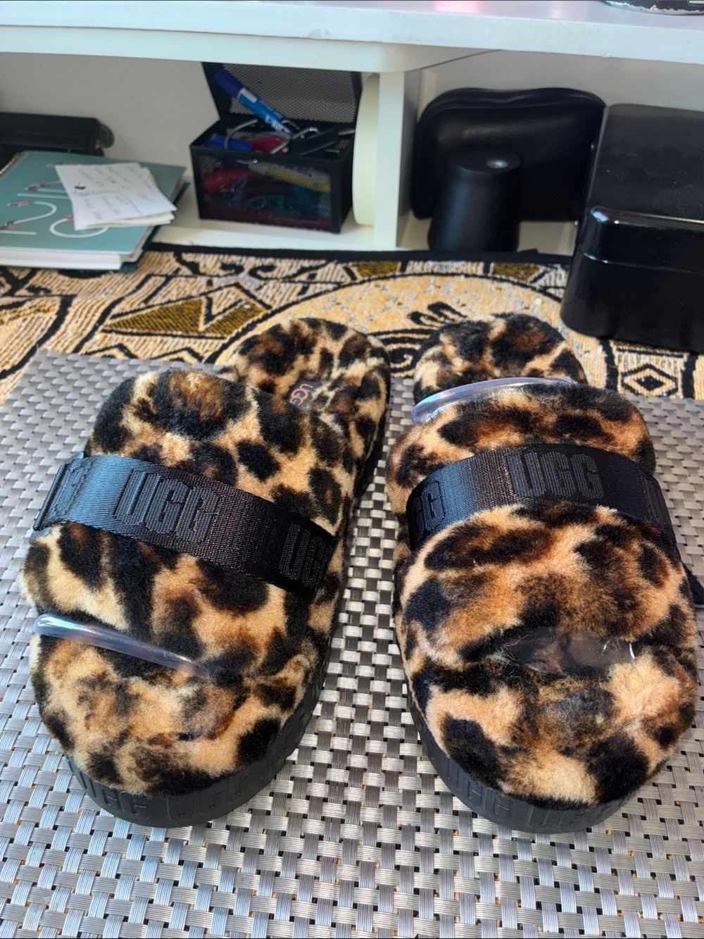 UGG Leopard-Print Faux Fur Slide Sandals in Black and Brown
